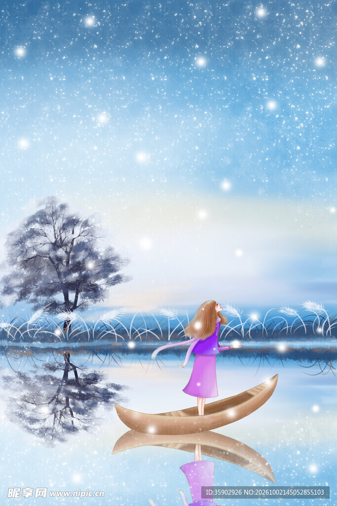冬日雪湖少女泛舟插画