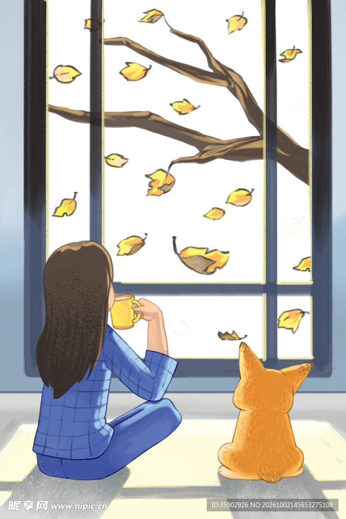 秋日窗边女孩与猫