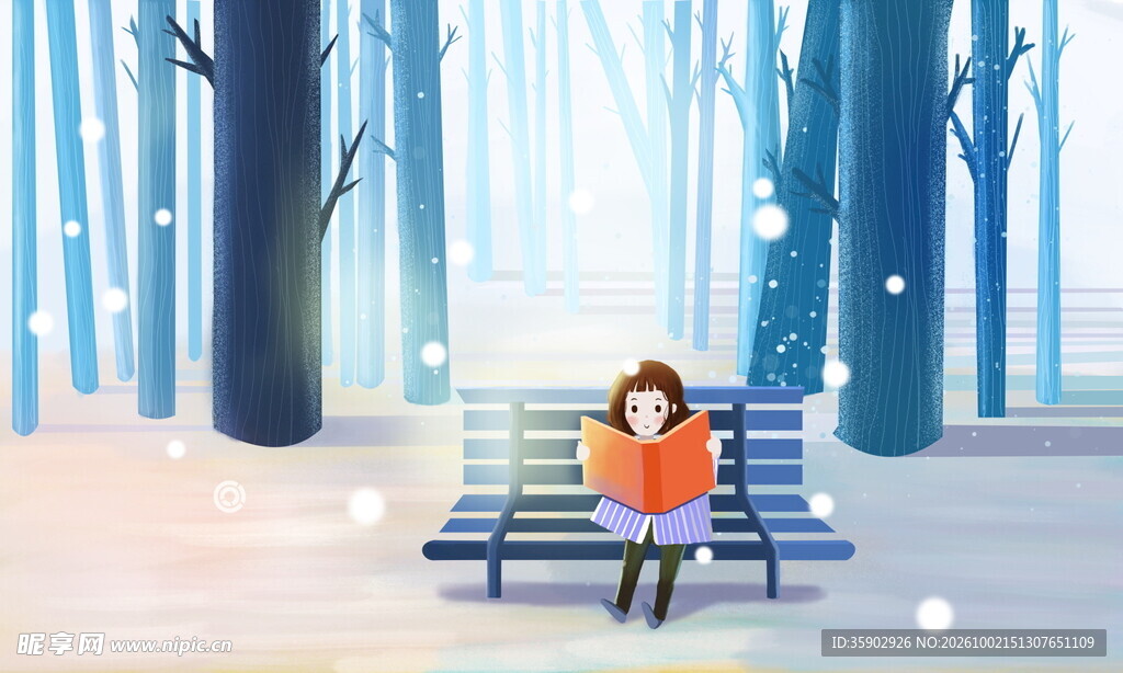 冬日雪林阅读的少女