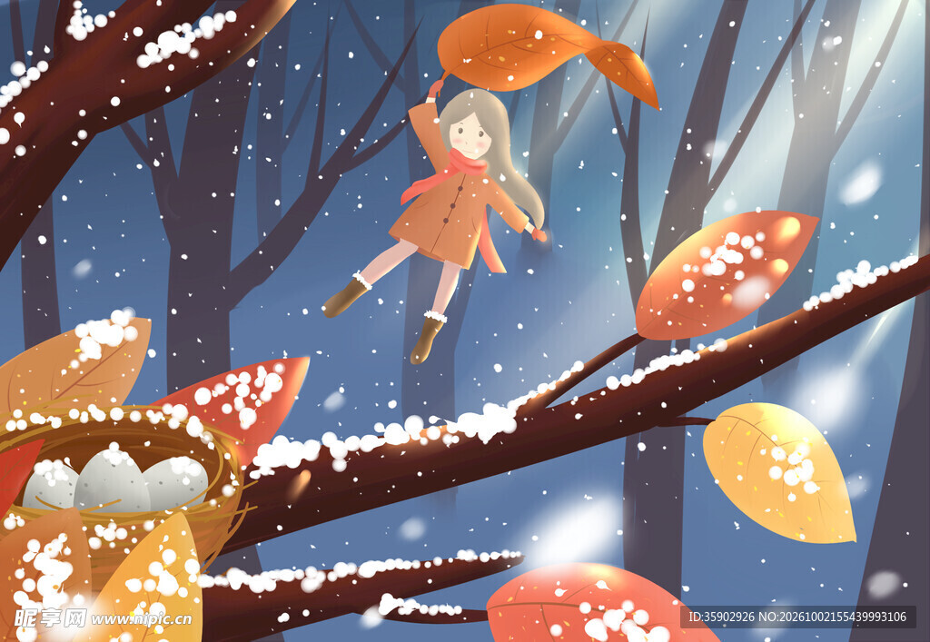 冬雪林间少女插画