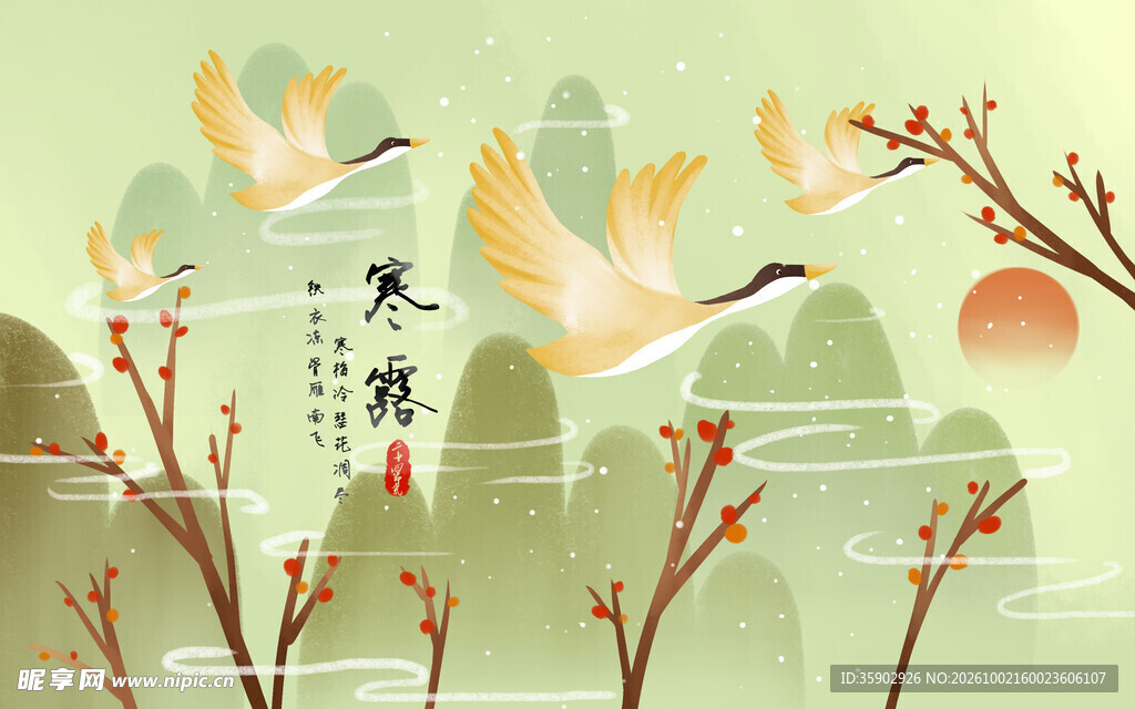 寒露国风仙鹤节气插画