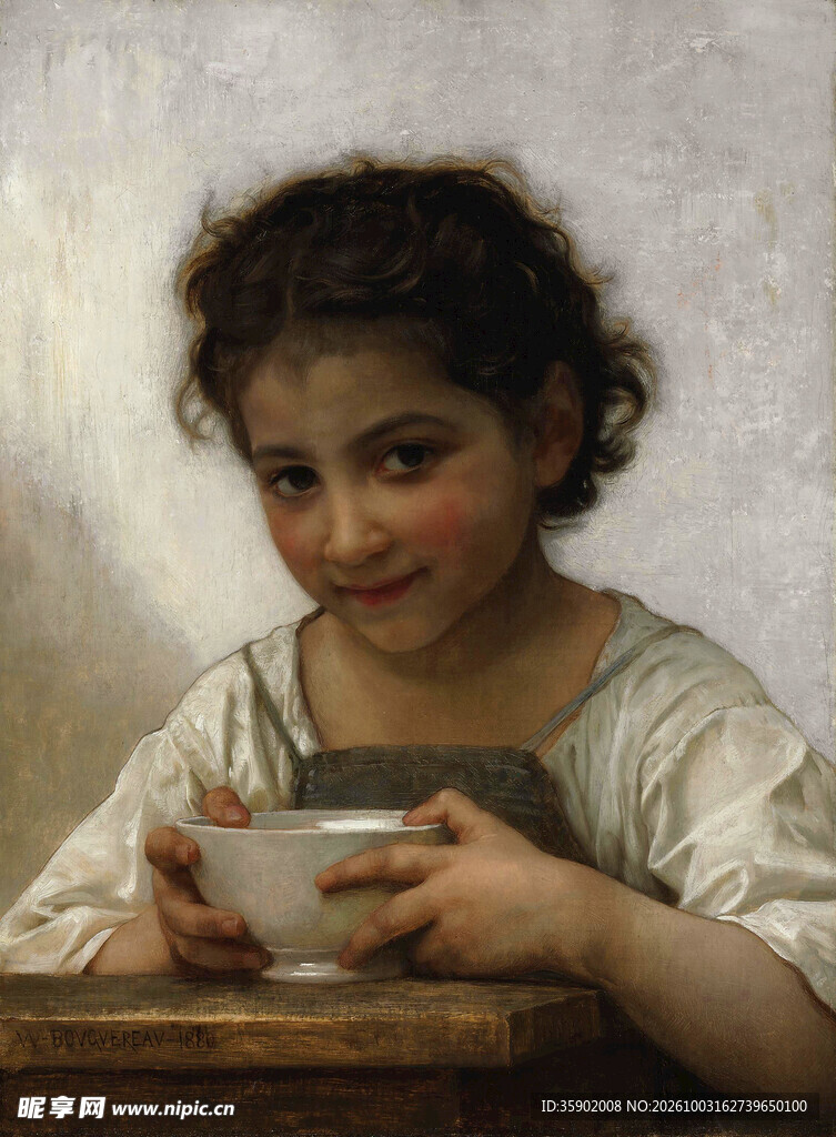 端碗微笑小女孩油画