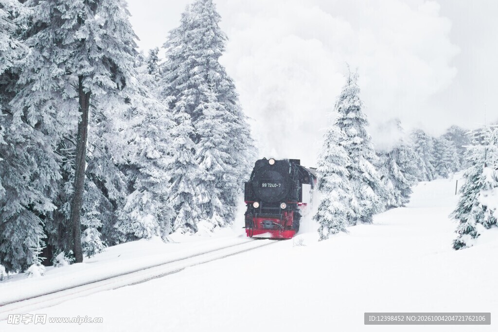 雪林间行驶的火车