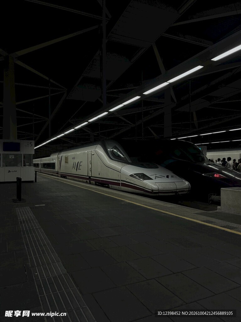 夜间站台停靠的高铁