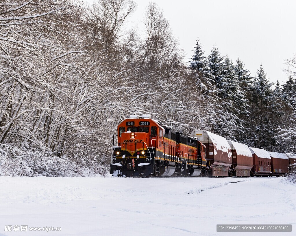雪林间行驶的货运火车