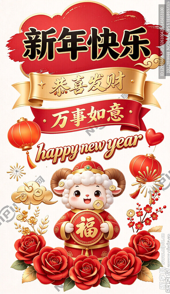新年快乐萌羊贺岁插画