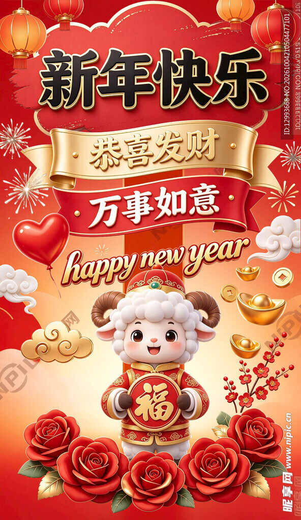 羊年新春快乐祝福海报