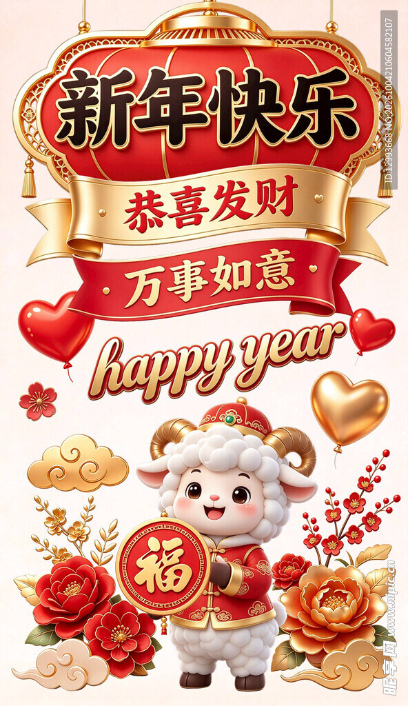 新年快乐萌羊祝福插画