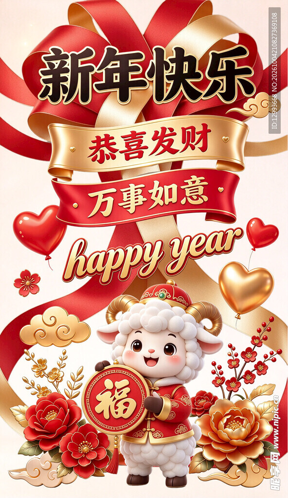 新年小羊送福贺岁插画