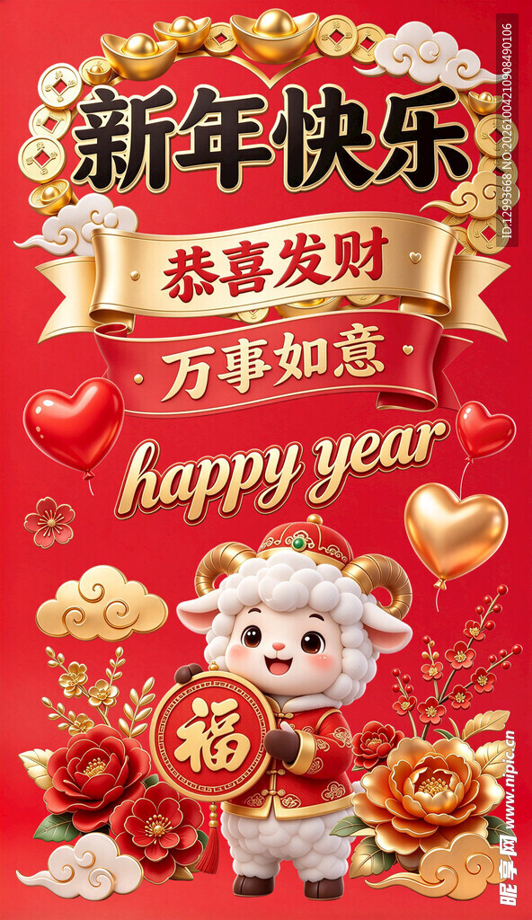 新年小羊送福喜庆海报