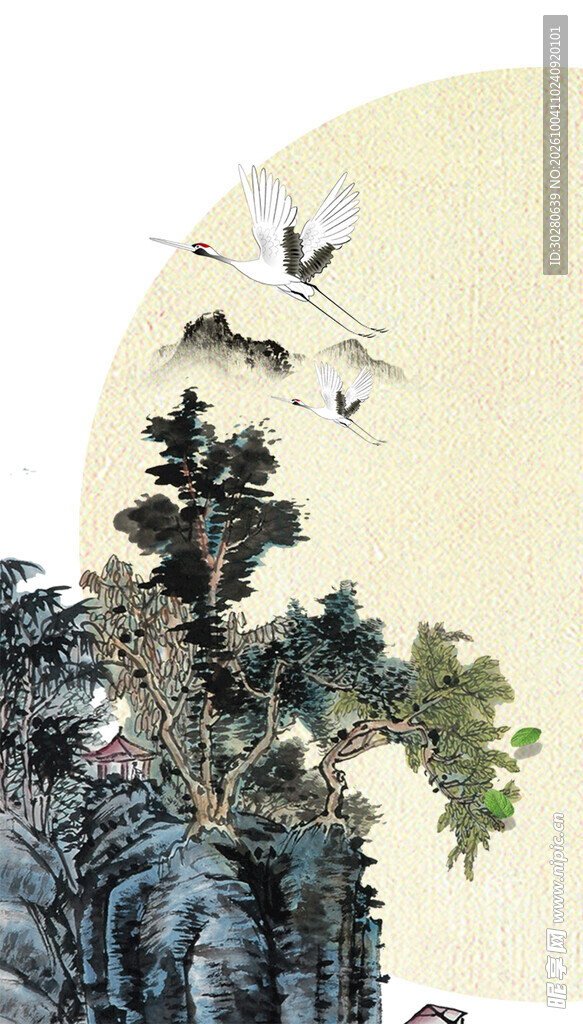 松鹤明月国风写意画
