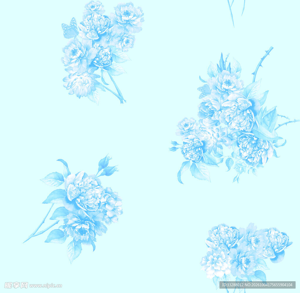 淡蓝水墨国风花卉底纹