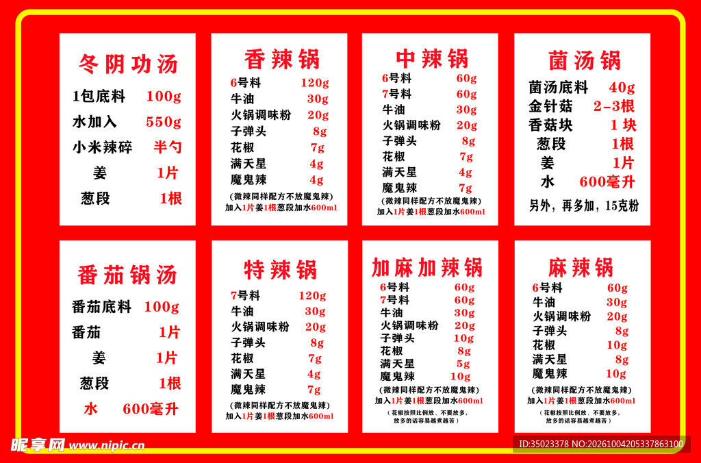 火锅店口味配料表