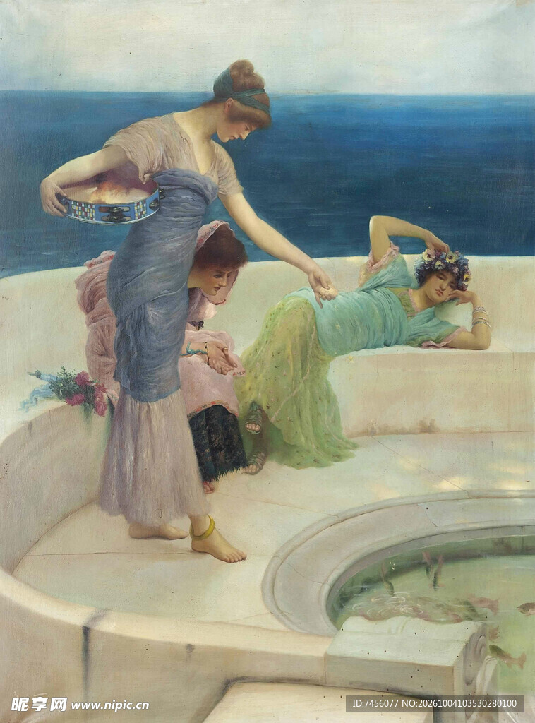 海边露台古典女子油画