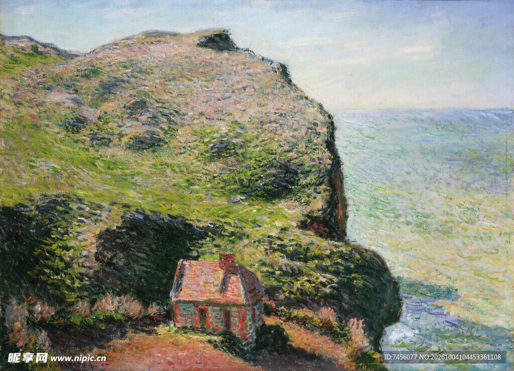 海岸悬崖小屋风景油画