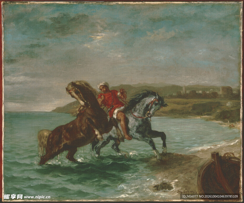 海岸骑马古典油画