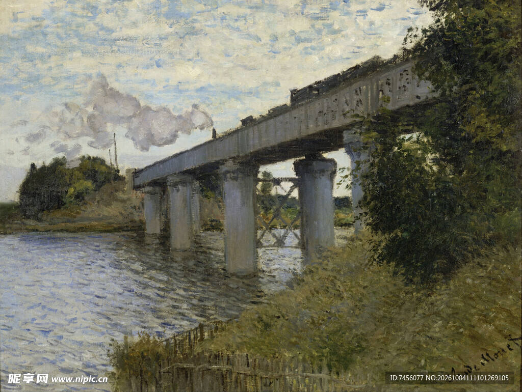 河畔铁路桥风景油画