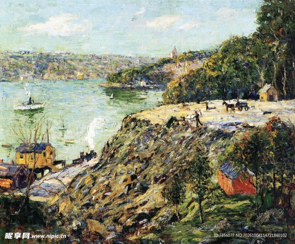 河岸风光印象油画