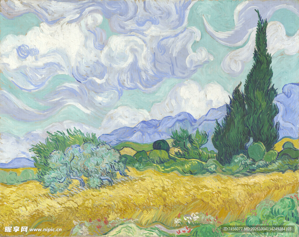 麦田与柏树风景油画