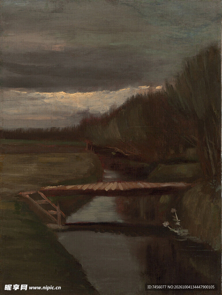黄昏河畔小桥风景油画