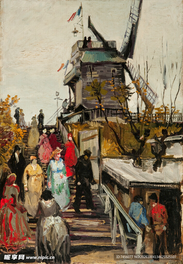 复古风车人物风景油画