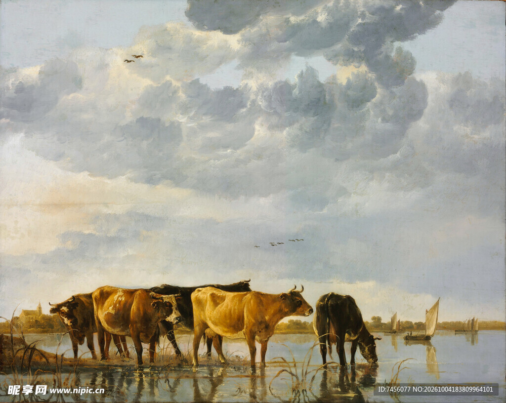河畔牧牛风景油画