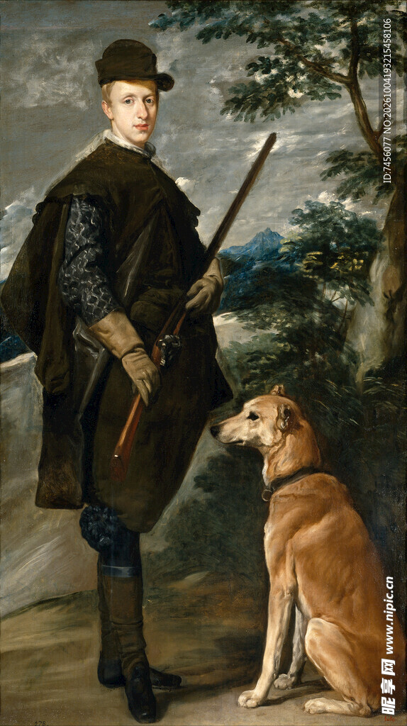 古典猎人与猎犬肖像油画