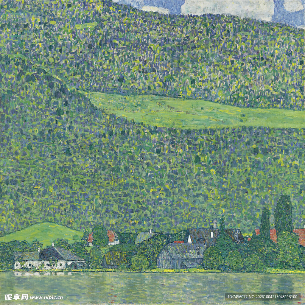 湖畔山林乡村风景油画