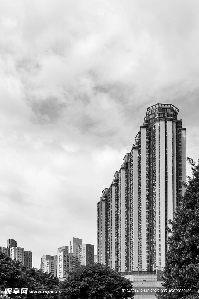 黑白城市高楼远景