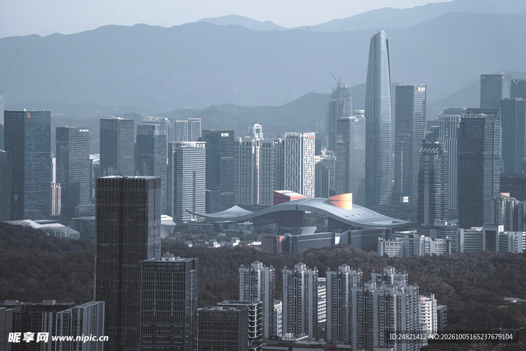 雾中城市建筑群远景
