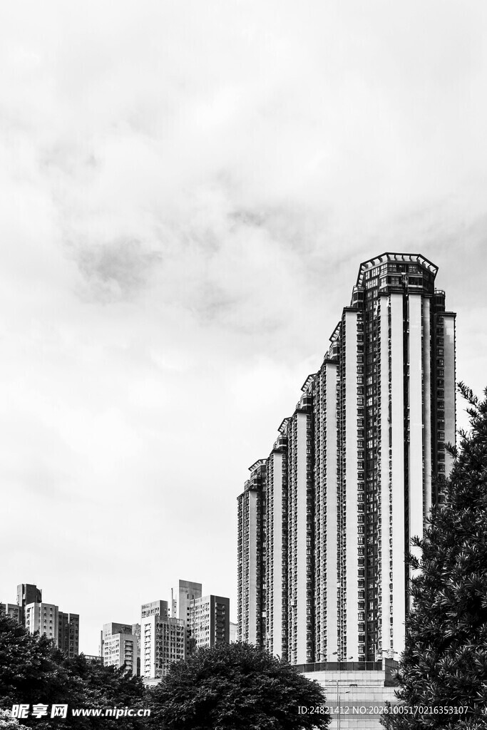 黑白城市高楼远景