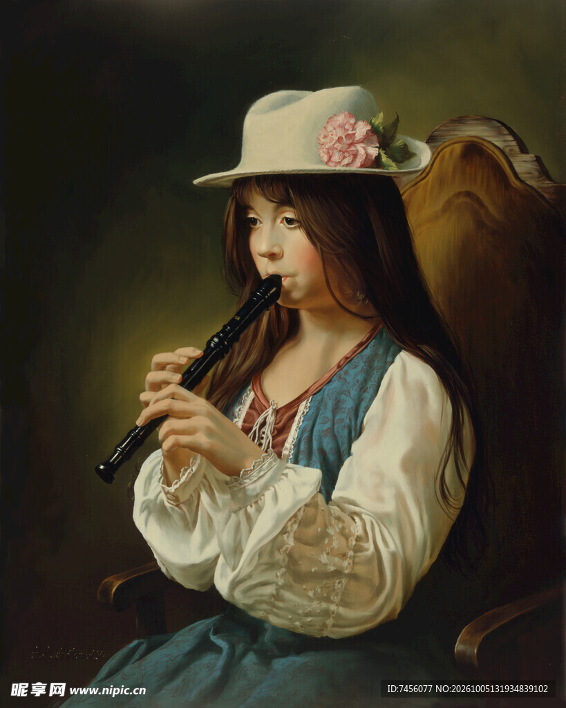 吹竖笛的少女油画