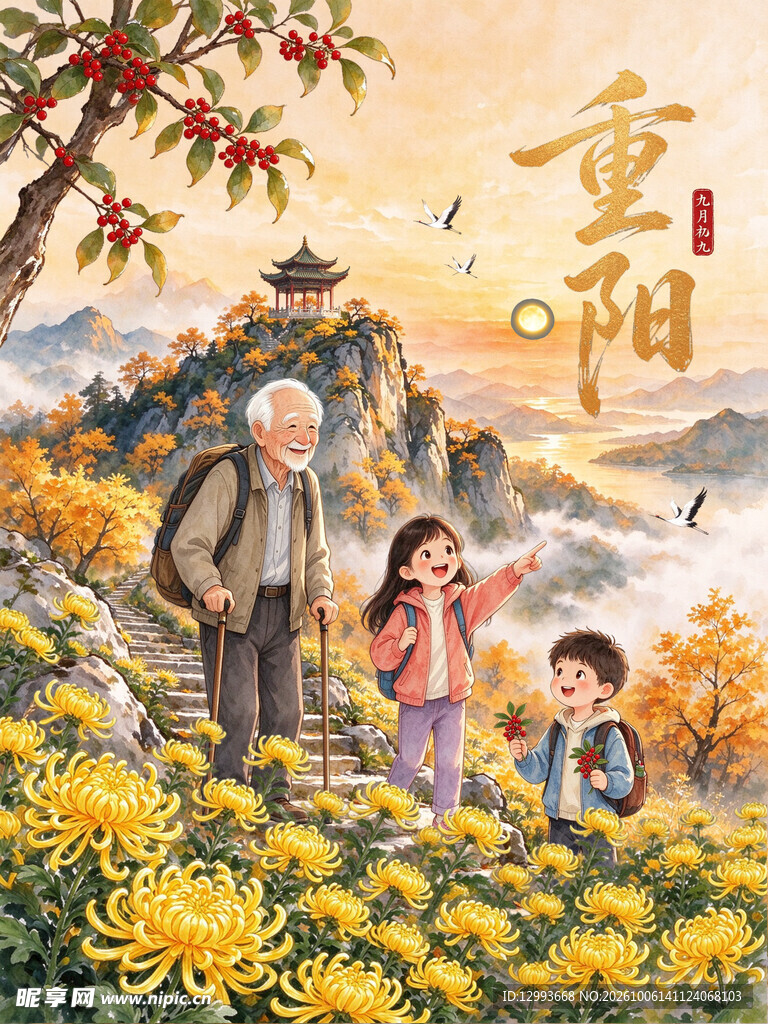 重阳祖孙登高赏秋插画