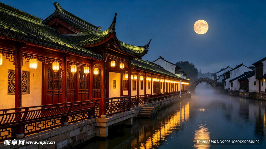 中秋满月庭院夜景摄影图