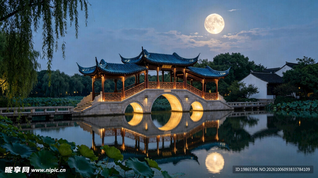中秋满月庭院夜景摄影图