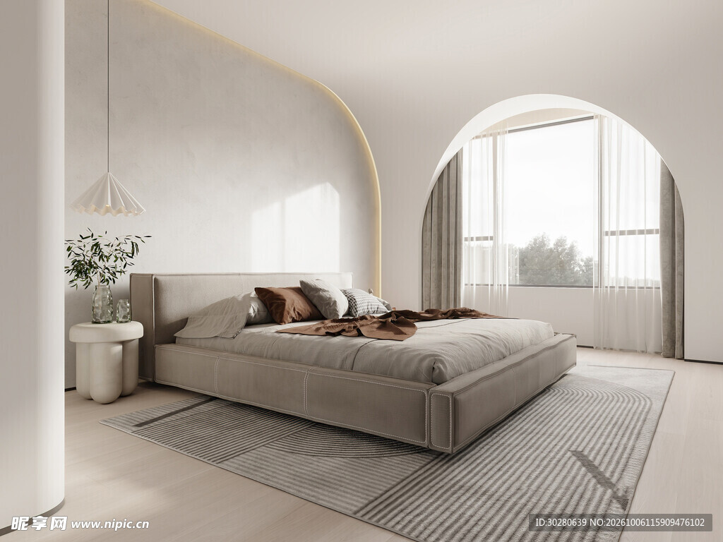 奶油风拱形窗卧室