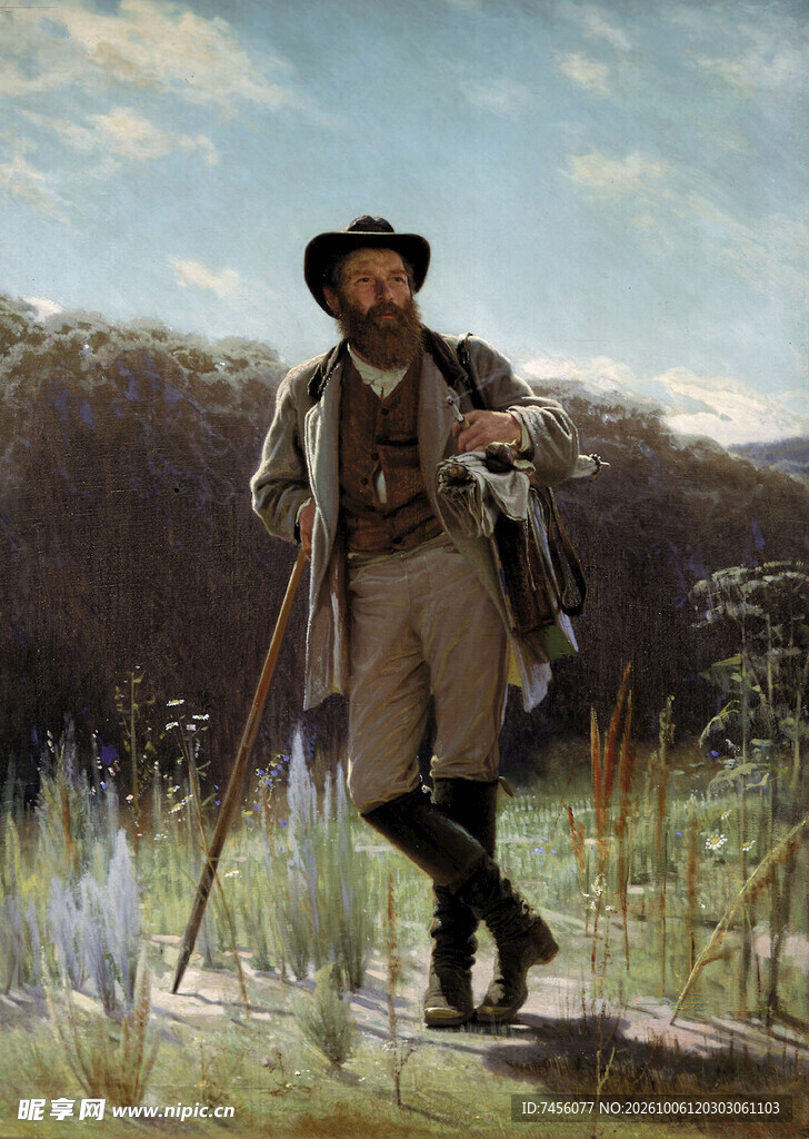 郊野持杖复古男子油画
