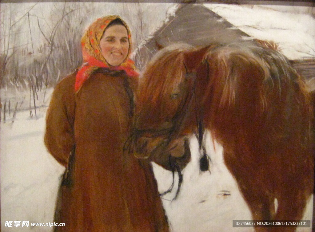 雪地牵马女子油画