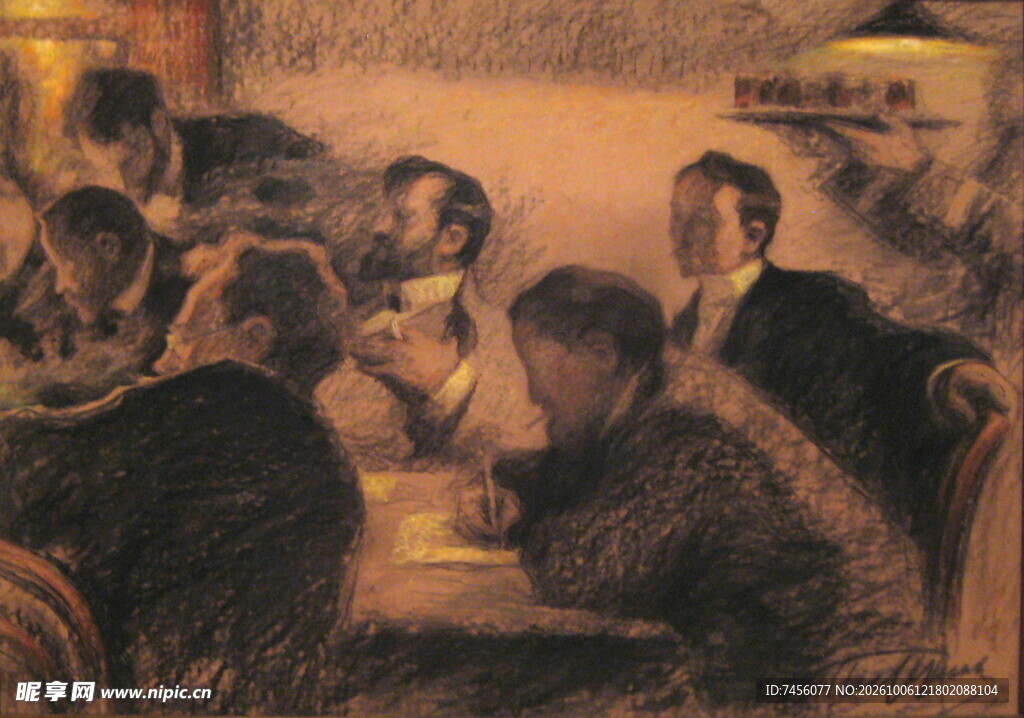 复古室内人物群像画作