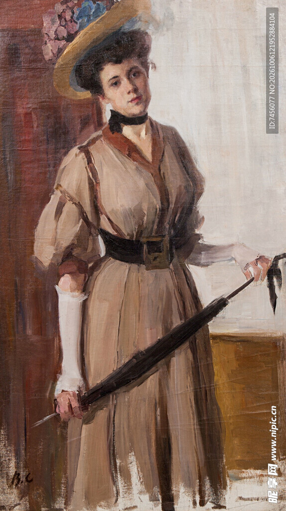 复古执伞女士肖像油画