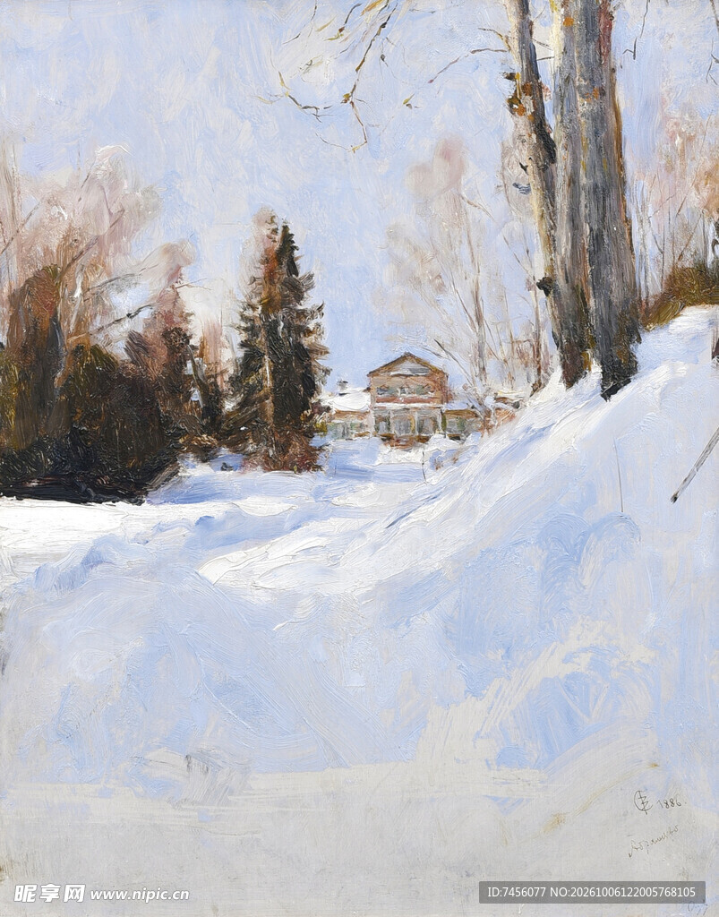 冬日郊野雪景油画