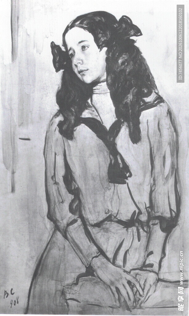 素描坐姿少女肖像