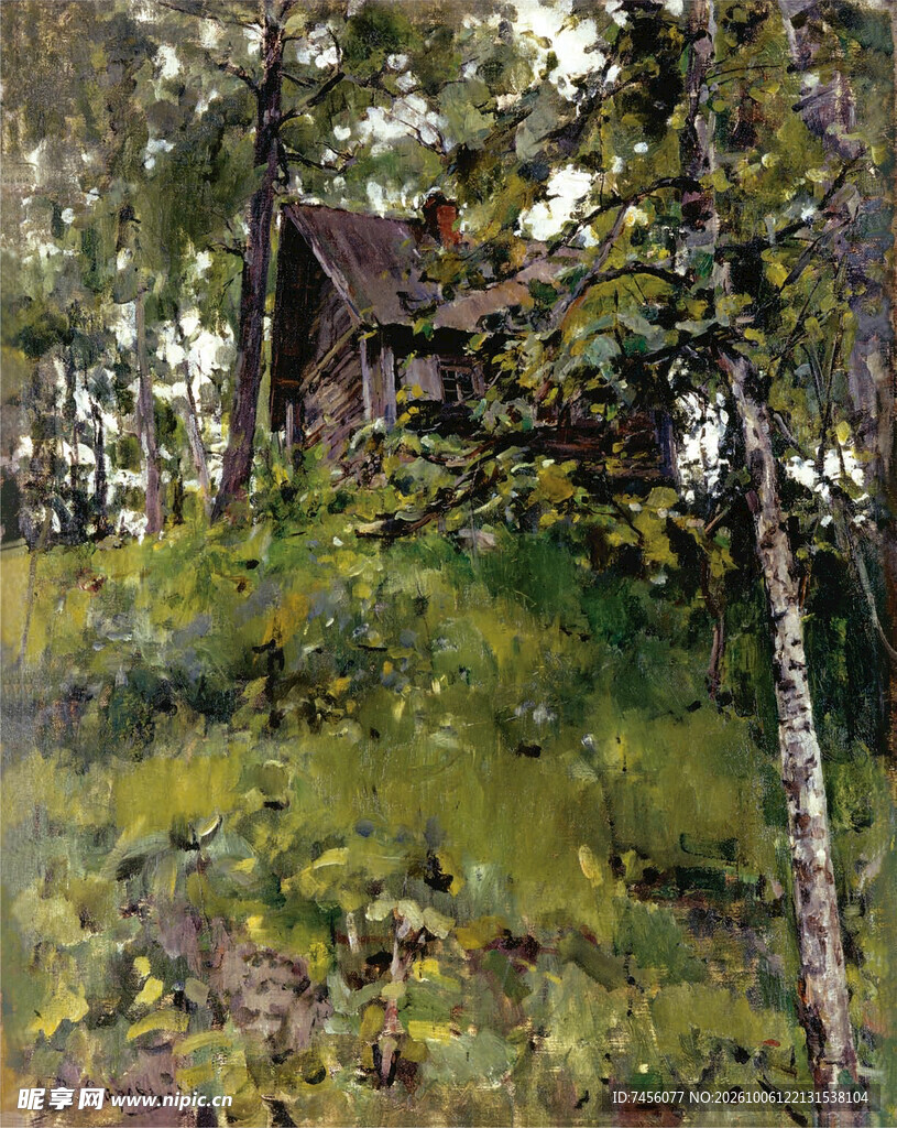林间小屋风景油画