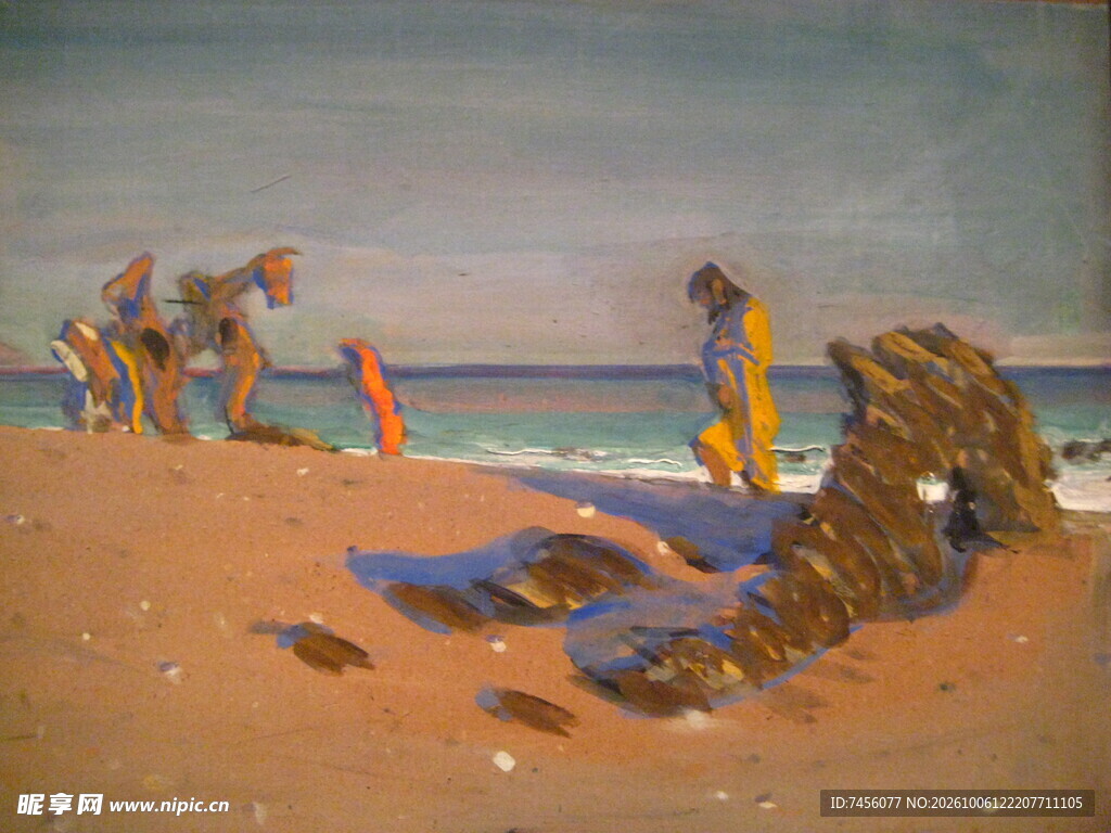 海滩人物风景油画