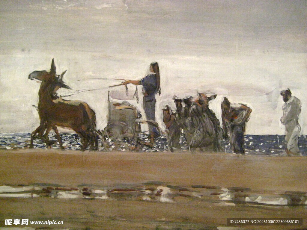 海滩马车人物油画