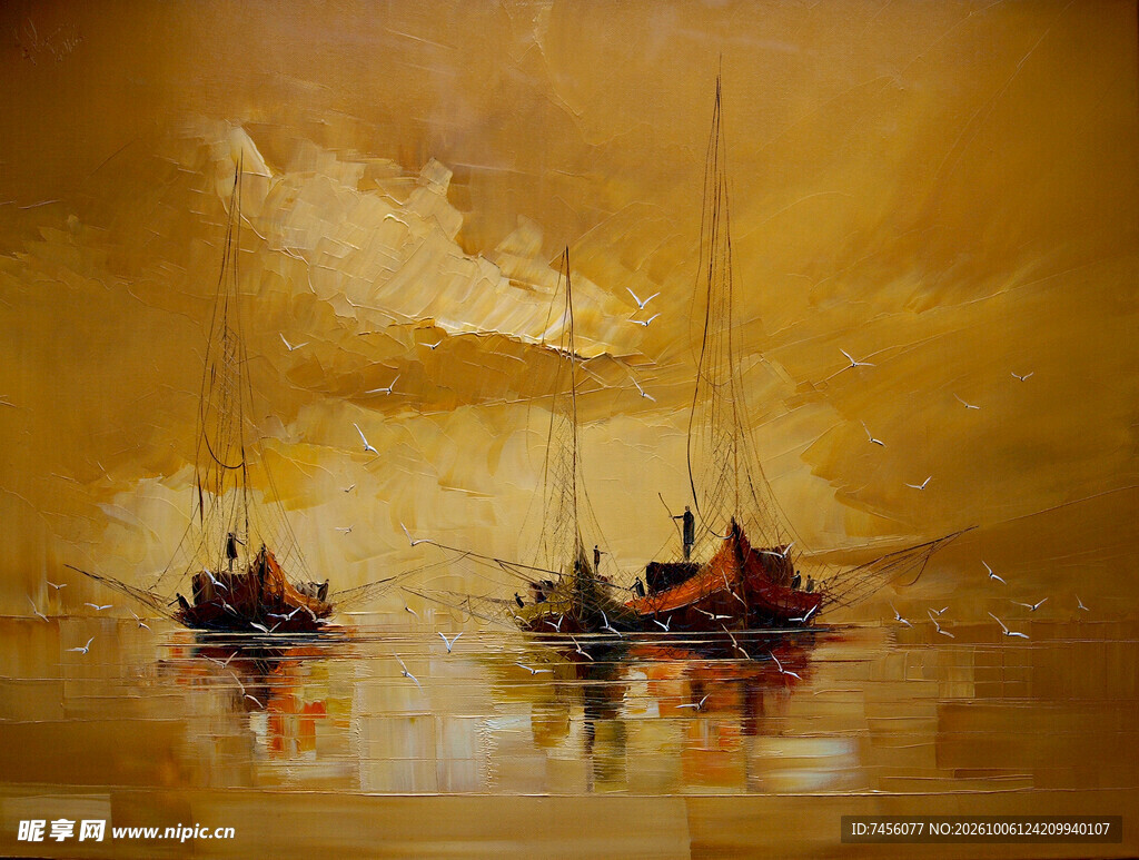 黄昏海面渔船水彩画