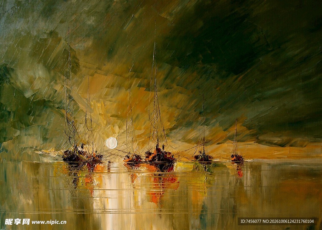 湖面夕照风景油画
