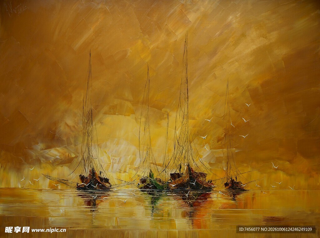 夕照海面帆船油画