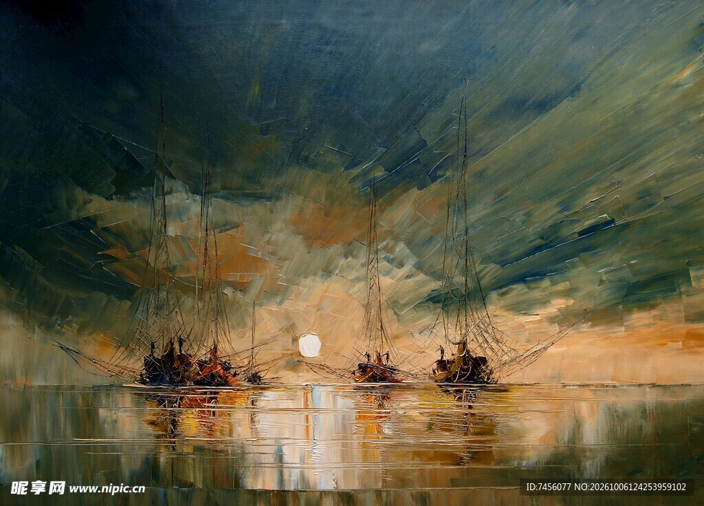 海上落日帆船风景油画