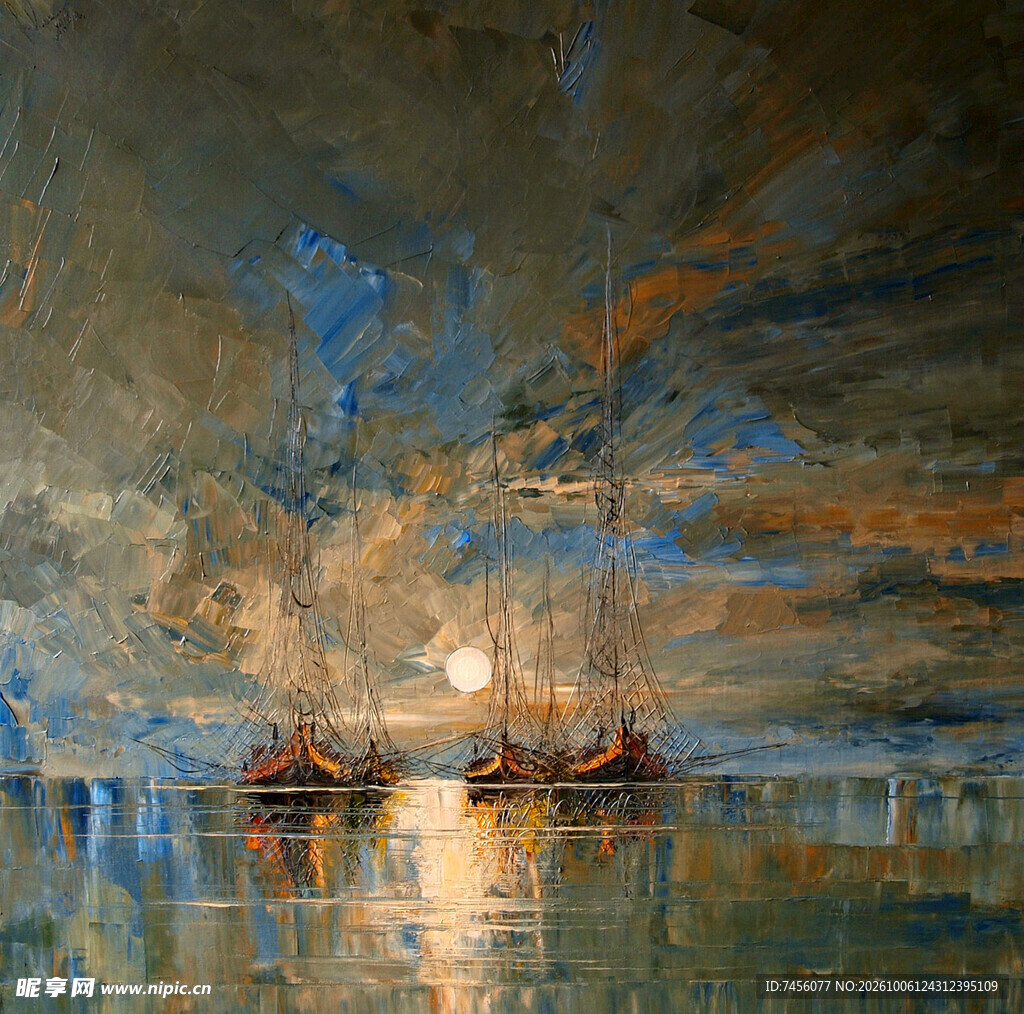 海上落日风景油画